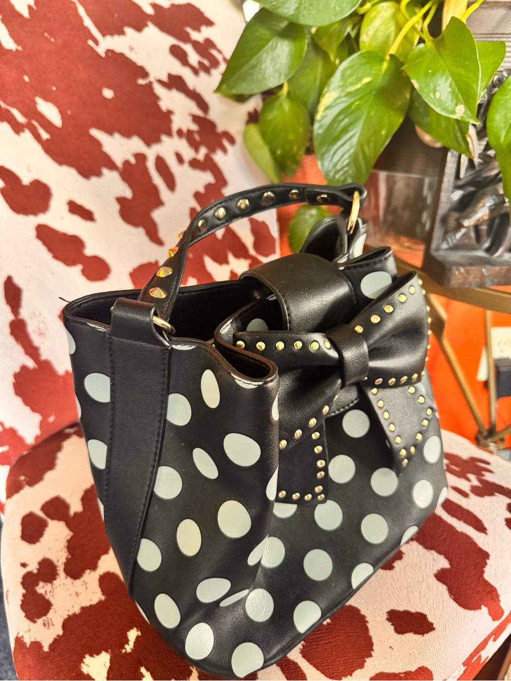 Black Polka Dot Bow Bucket Bag - Women's Shoulder Handbag - Picture 6 of 12
